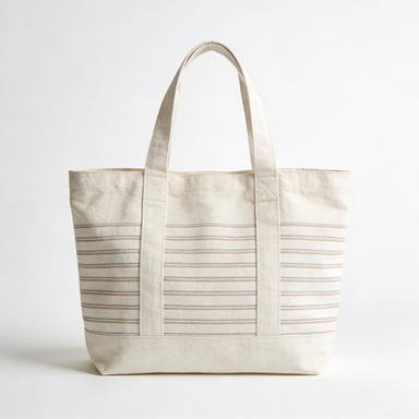 Beige Canvas Tote Bag with Thin Brown Stripes