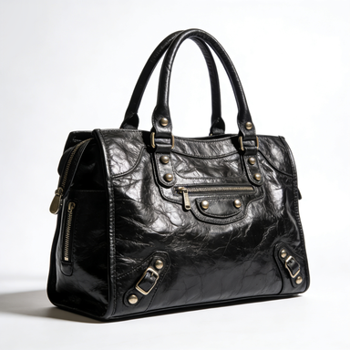 Black Studded Vintage Leather Satchel Tote Bag