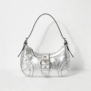 Vintage Silver Leather Hobo Bag with Oversized Buckle