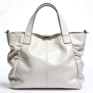 Cream Ruched Leather Tote Bag with Metal Clasp