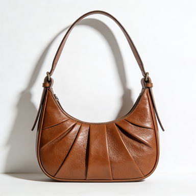 Light Brown Fan-Pleated Leather Hobo Shoulder Bag