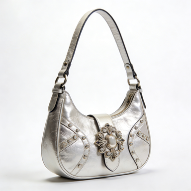 Silver Gemstone Decor Shoulder Bag