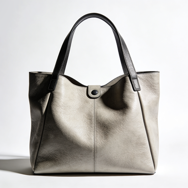 Light Gray Pebbled Leather Tote Bag with Button Closure