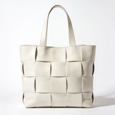 White Woven Grid Leather Tote Bag