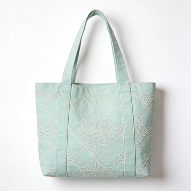 Mint Green Embroidered Geometric Canvas Tote Bag