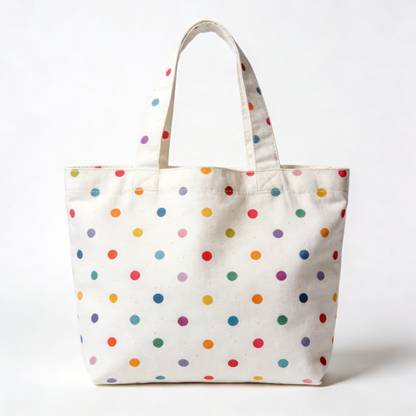 White Canvas Tote Bag with Colorful Polka Dots