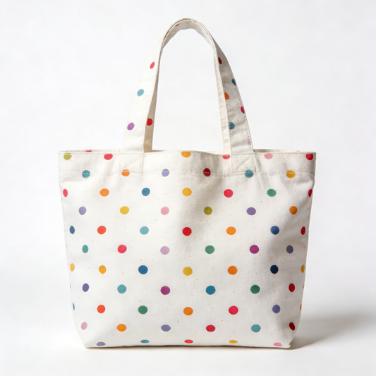 White Canvas Tote Bag with Colorful Polka Dots