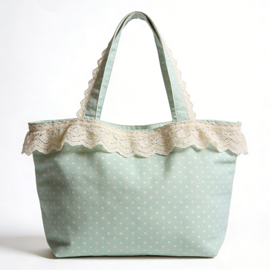 Mint Green Polka Dot Canvas Tote with Lace Trim