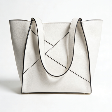 White Geometric Panel Leather Tote Bag