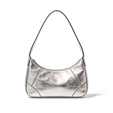 Metallic Silver Crackle Leather Hobo Shoulder Bag