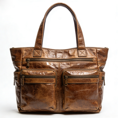 Brown Multi-Pocket Utility Leather Tote Bag