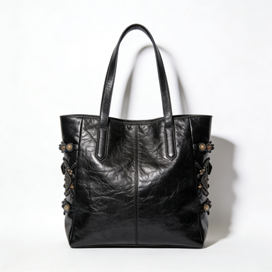 Black Embellished Side Leather Tote Bag