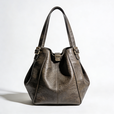 Dark Gray Buckle Closure Leather Hobo Tote Bag