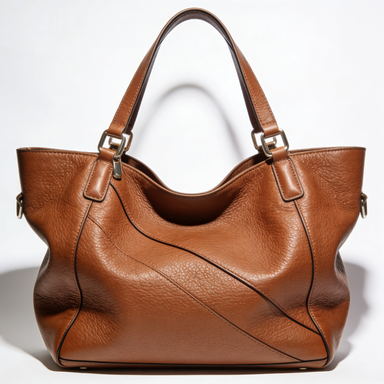 Brown Curved Stitch Leather Tote Bag