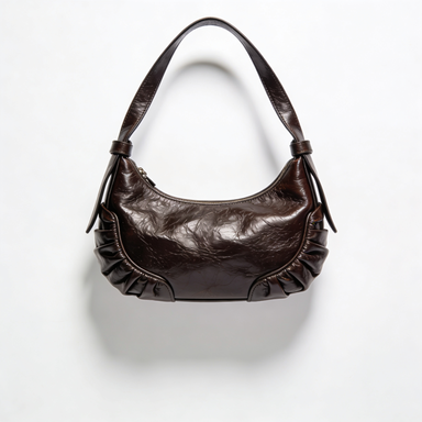 Dark Brown Ruched Side Leather Hobo Shoulder Bag