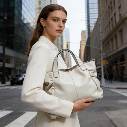 Cream Ruched Leather Tote Bag with Metal Clasp