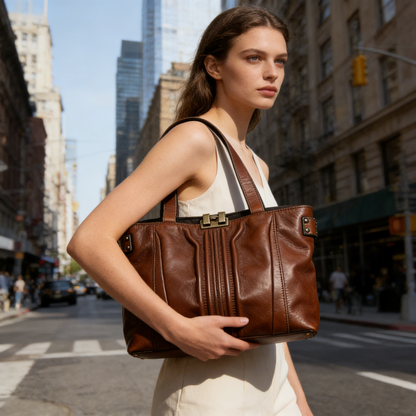 Brown Pleated Front Leather Tote Bag