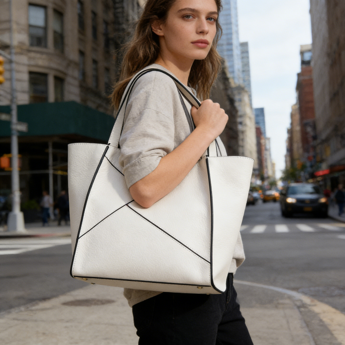White Geometric Panel Leather Tote Bag