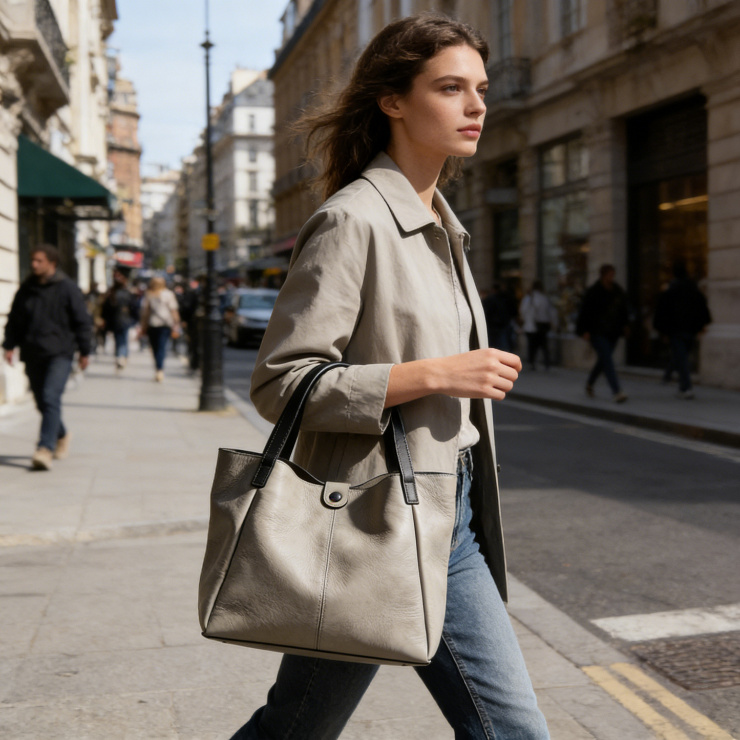 Light Gray Pebbled Leather Tote Bag with Button Closure