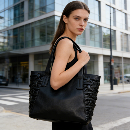 Black Braided Side Leather Tote Bag