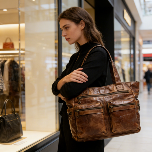 Brown Multi-Pocket Utility Leather Tote Bag