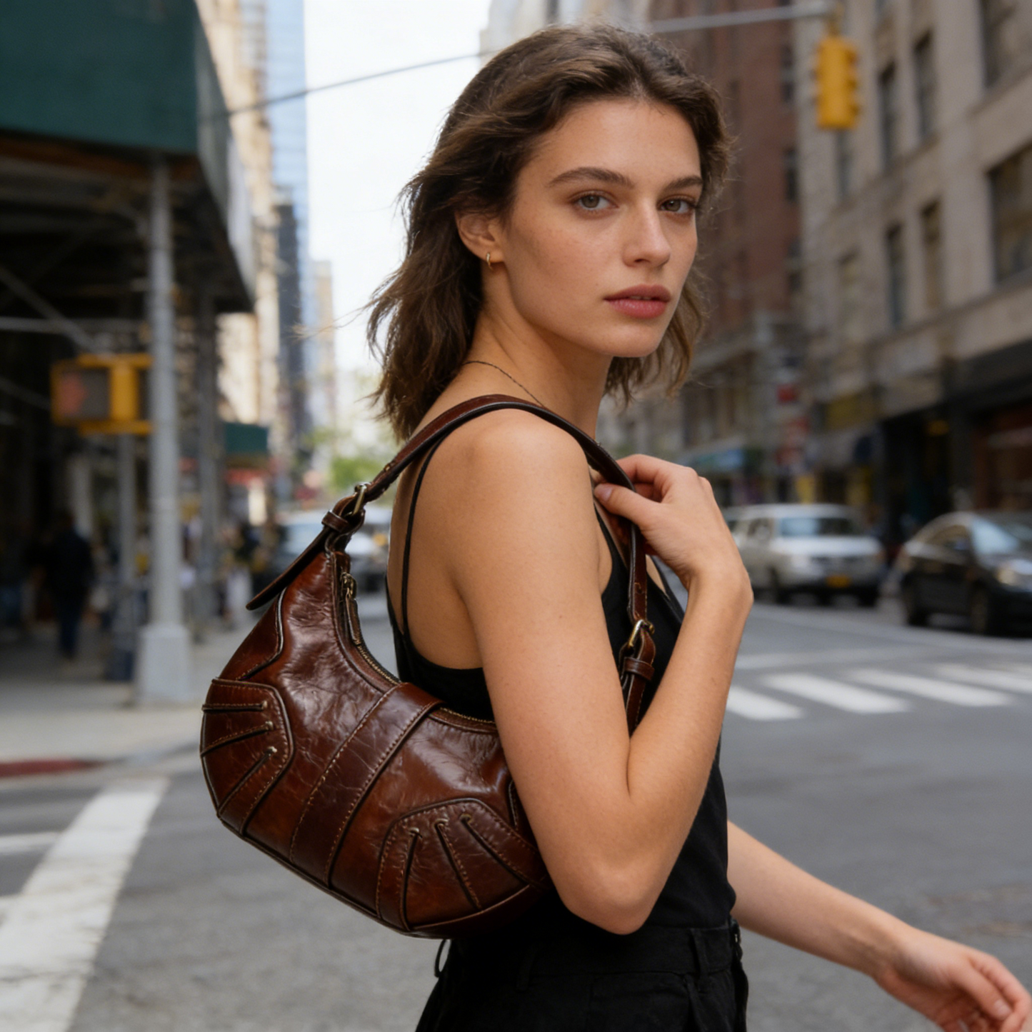 Dark Brown Studded Panel Leather Hobo Bag