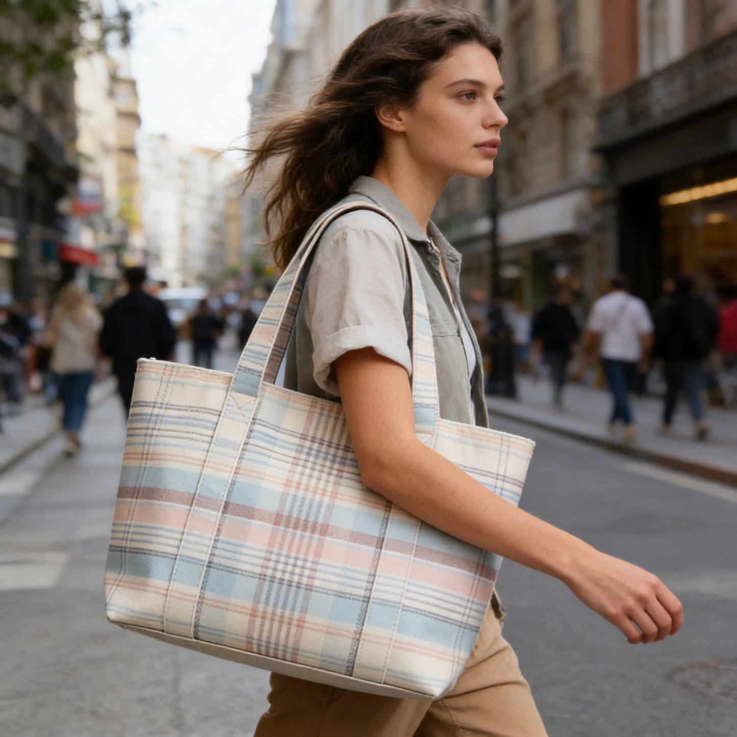 Pastel Blue & Peach Plaid Canvas Tote Bag