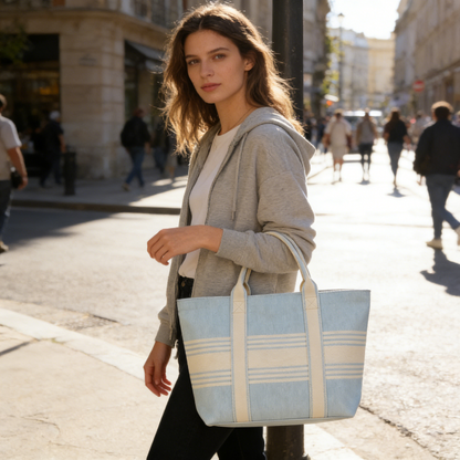 Light Blue & Cream Stripe Canvas Tote Bag