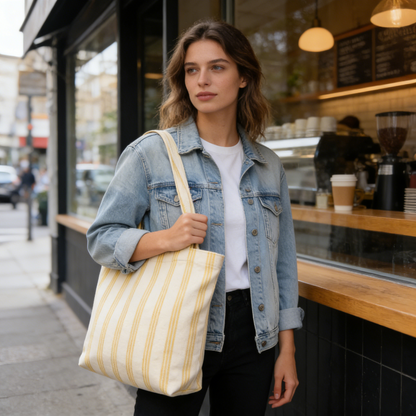 Yellow & Cream Vertical Stripe Canvas Tote Bag