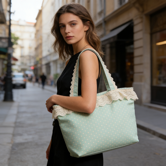 Mint Green Polka Dot Canvas Tote with Lace Trim