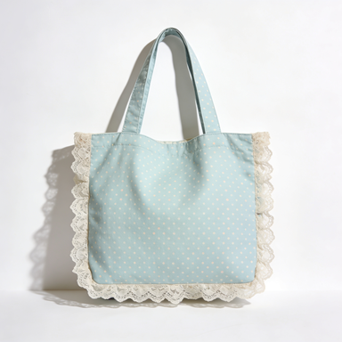 Light Blue Polka Dot Canvas Tote with Lace Trim
