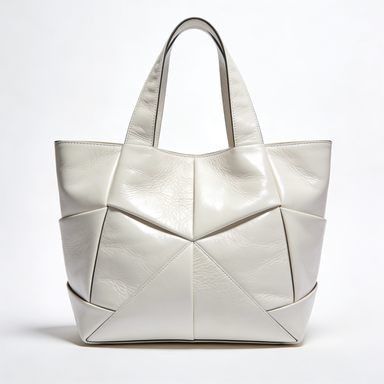 White Geometric Panel Leather Tote Bag